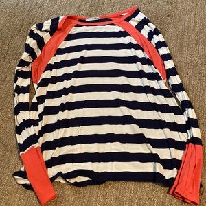 Navy and white striped shirt with salmon accents